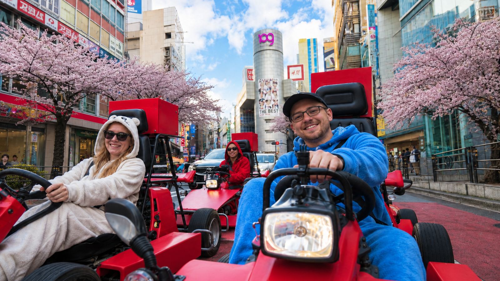 Go-karts crossing the Shibuya Crossing on a Shibuya street kart tour